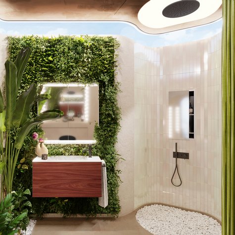 Natürliches Badezimmer mit Geberit ONE Waschtisch vor mit Pflanzen begrünter Wand mit Geberit ONE Spiegelschrank und Duschbereich mit Kieselsteinen.