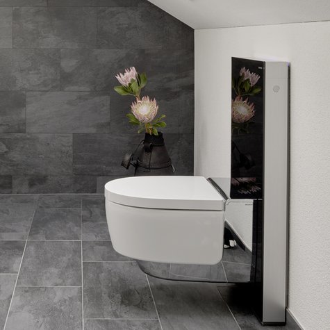 Modernes Bad mit Geberit Monolith und AquaClean Mera Dusch-WC.