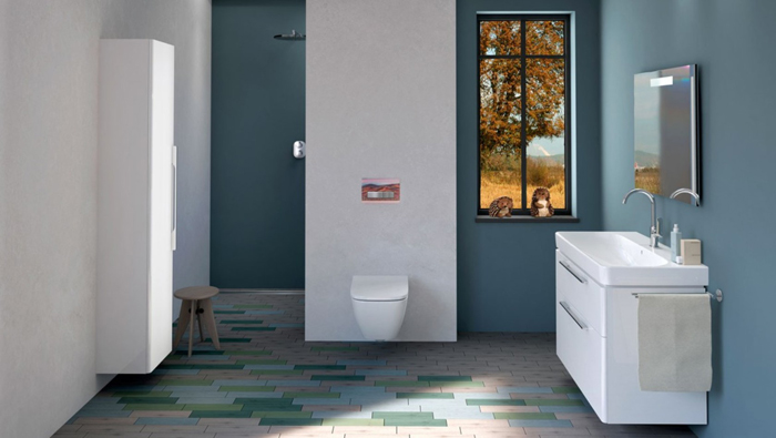 Badezimmer mit Sigma50 Betätigungsplatte im Herbst-Look. 