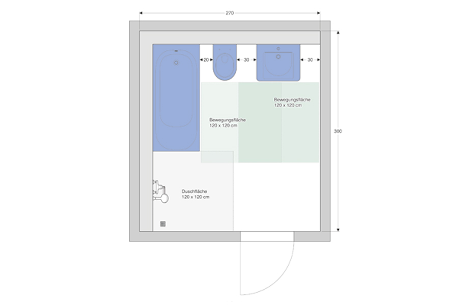 Grundriss: Seniorengerechtes Badezimmer mit Badewanne und Dusche.