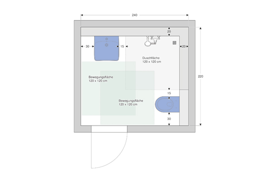 Grundriss: Seniorengerechtes Badezimmer mit Dusche.