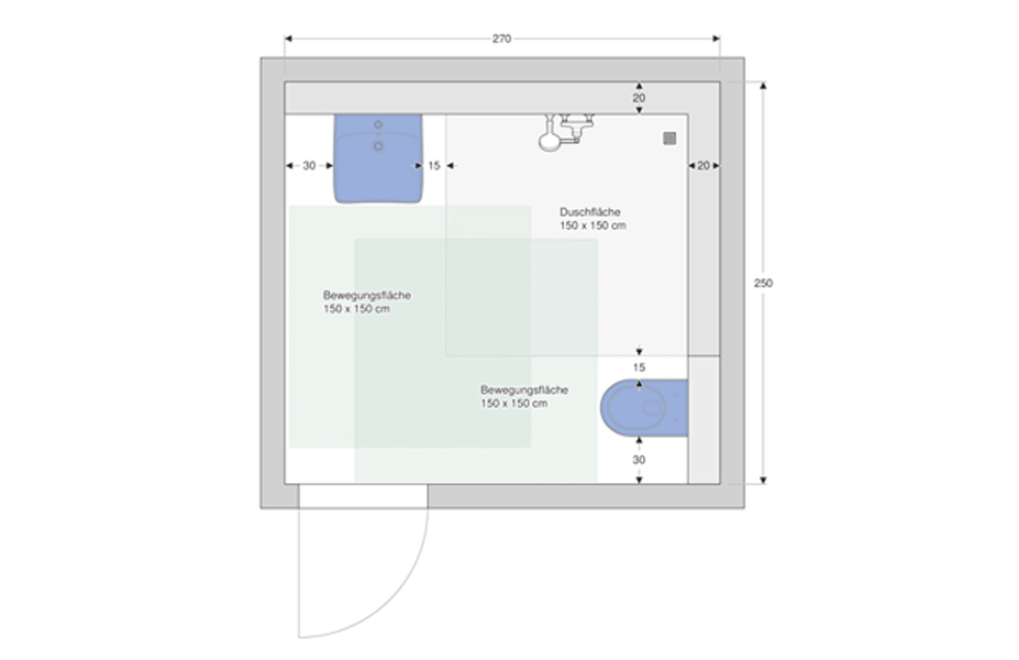 Grundriss: Behindertengerechtes Badezimmer mit Dusche.