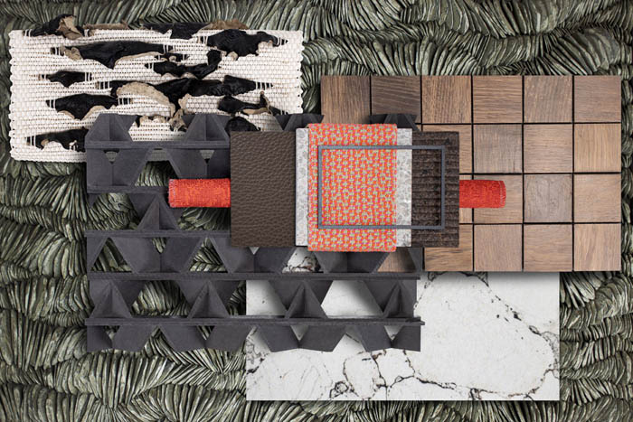Trend-Collage INTER mit Trendtönen und Trendmaterialien. 