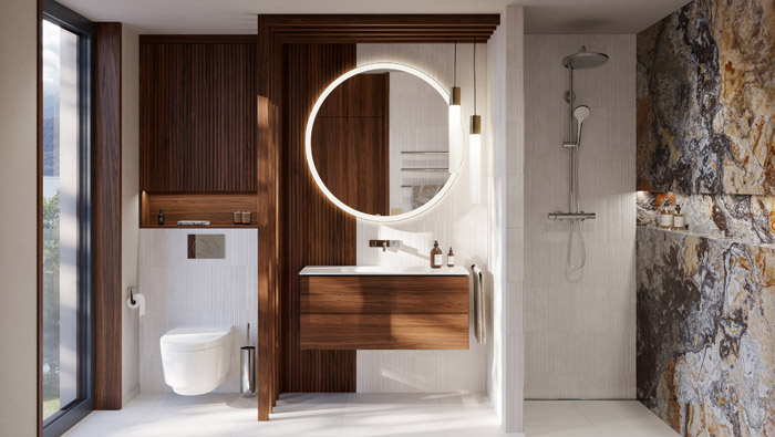 Edles Baddesign mit Holzelementen und Naturstein
