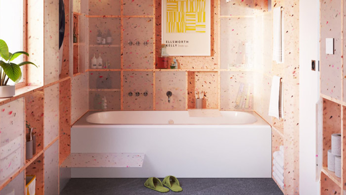 Kreatives Bad im Punktedesign mit Badewanne
